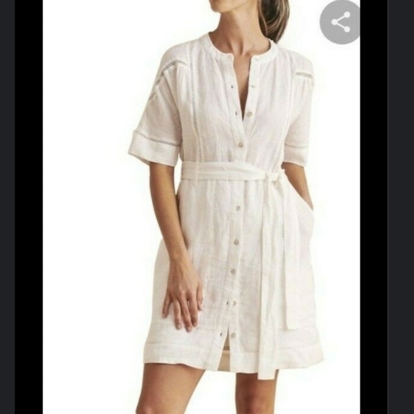FAHERTY Women's Prado Tie Waist Lightweight 100% Linen White Shirt Dress Size S - Picture 1 of 7